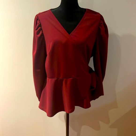 Puff Sleeve Wrap Belted Peplum Top - Picture 2 of 6